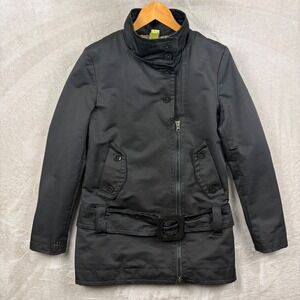 Soia & Kyo Jacket Womens Size L Black Zipper Belted Trench Short Lined Cotton